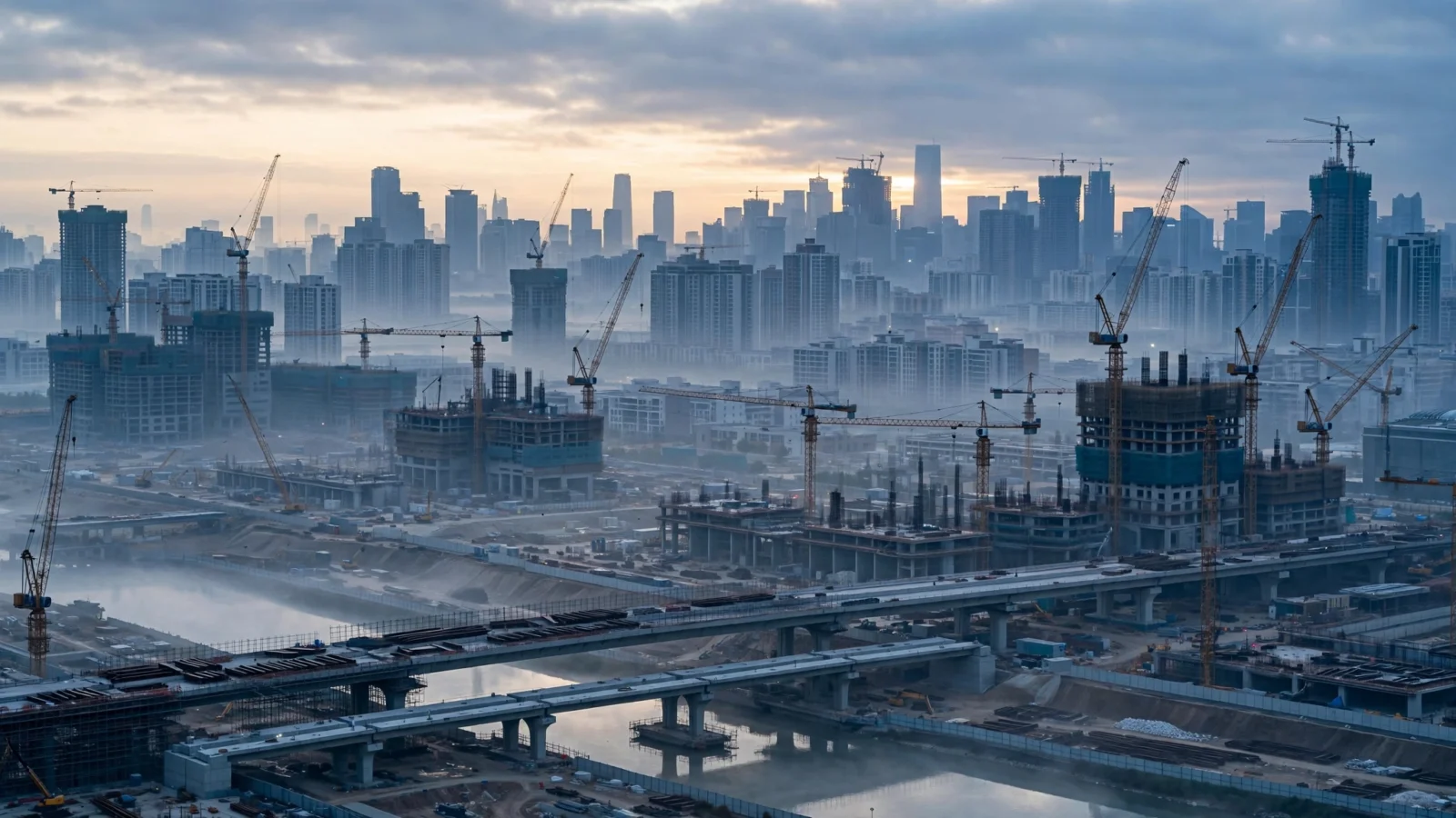 Aerial view of a large city under construction at dawn with tower cranes, unfinished high-rises, bridges and a river