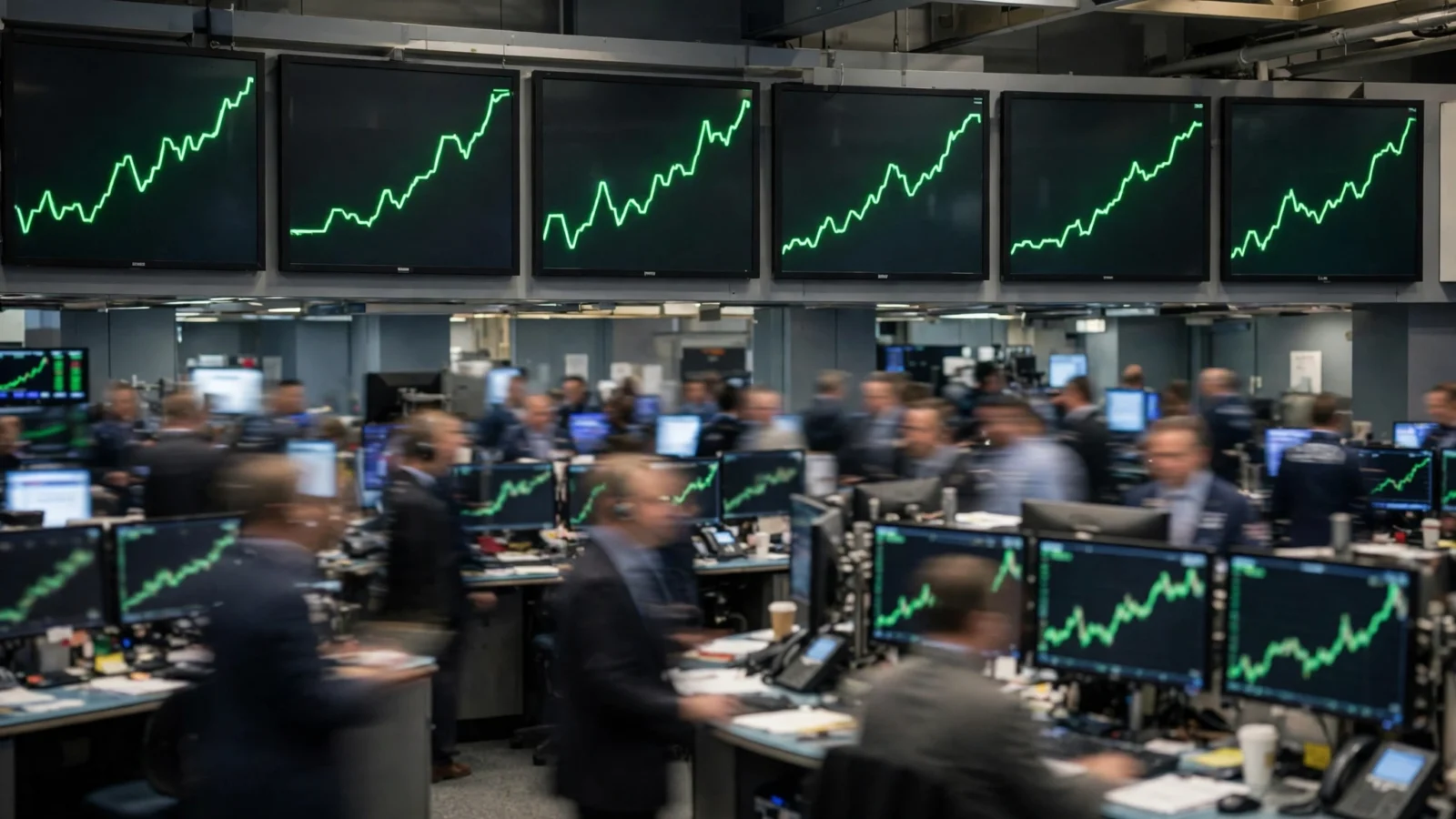 A stock exchange trading floor with electronic boards showing rising green line charts.