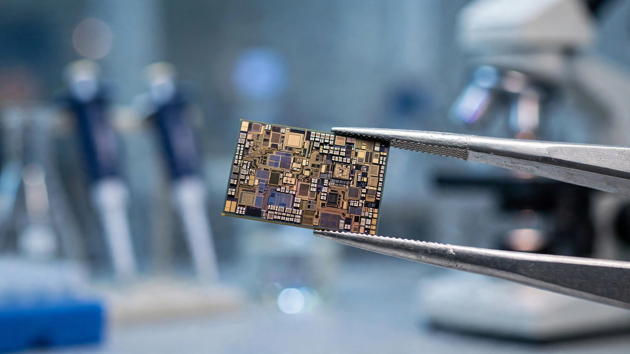 A silicon computer processor chip held by tweezers in a laboratory.