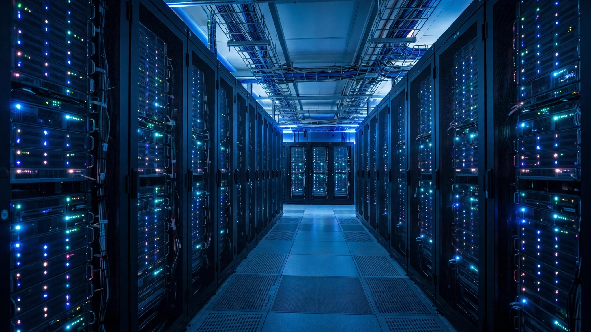 A corridor of server racks with blinking lights inside a data center.