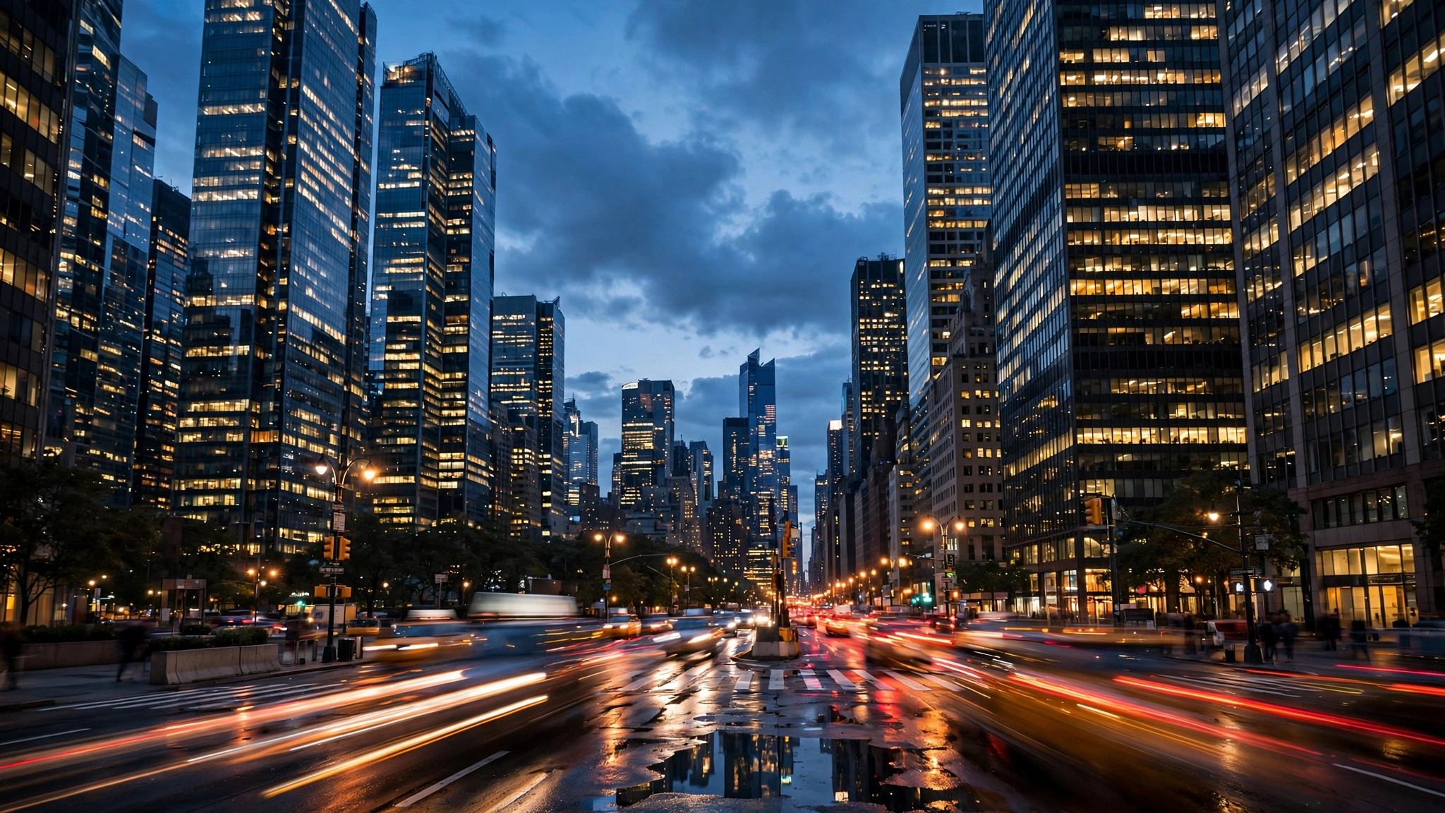Financial district skyscrapers at dusk with traffic light trails on the street below.