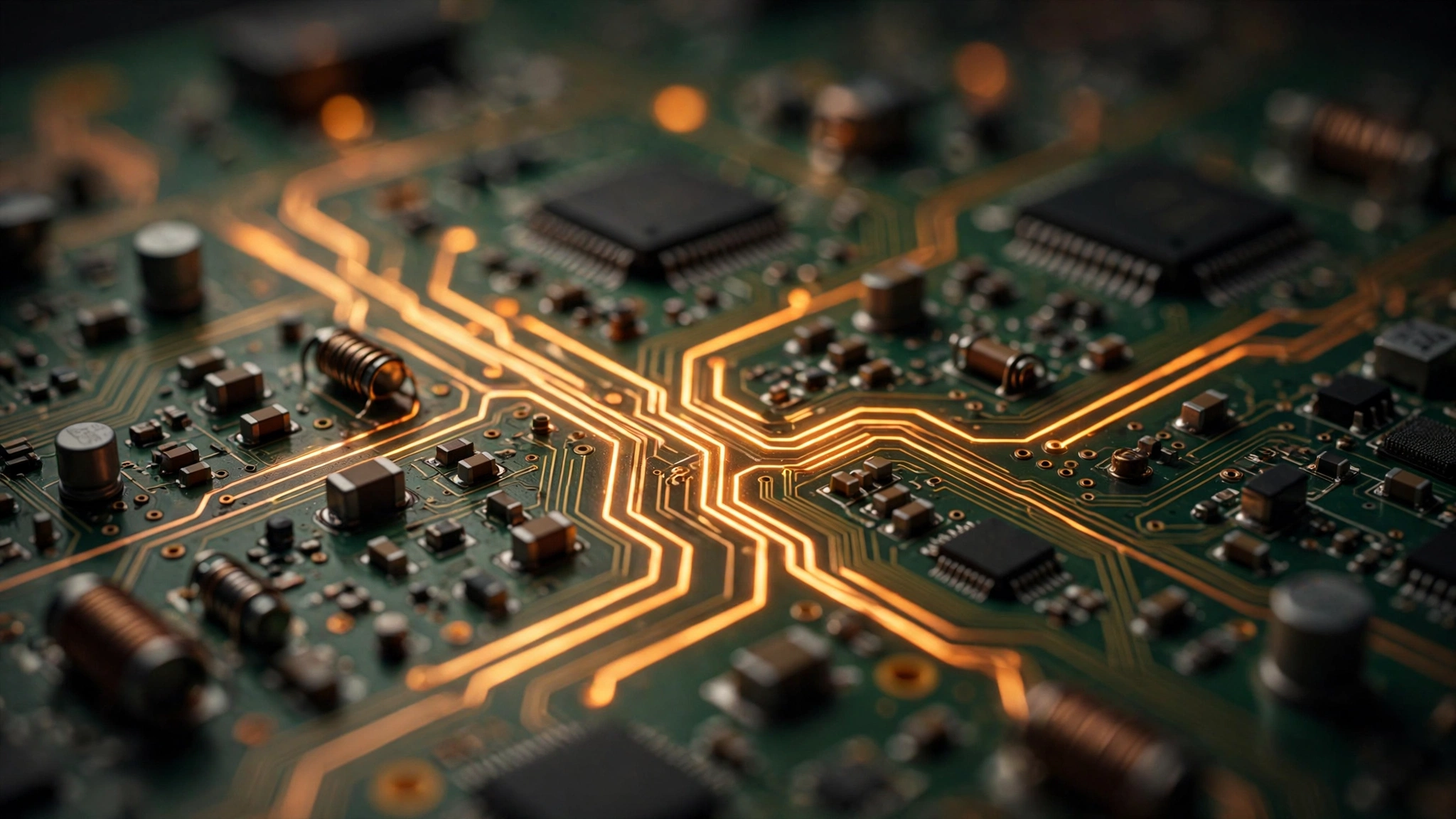 A green computer circuit board with glowing copper traces and electronic components.