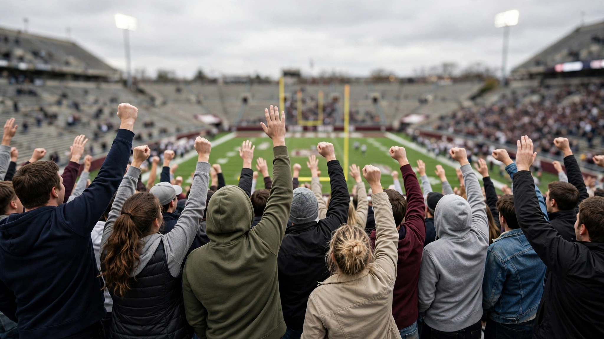 Football fans in the stands with raised arms cheering toward the field and goalposts
