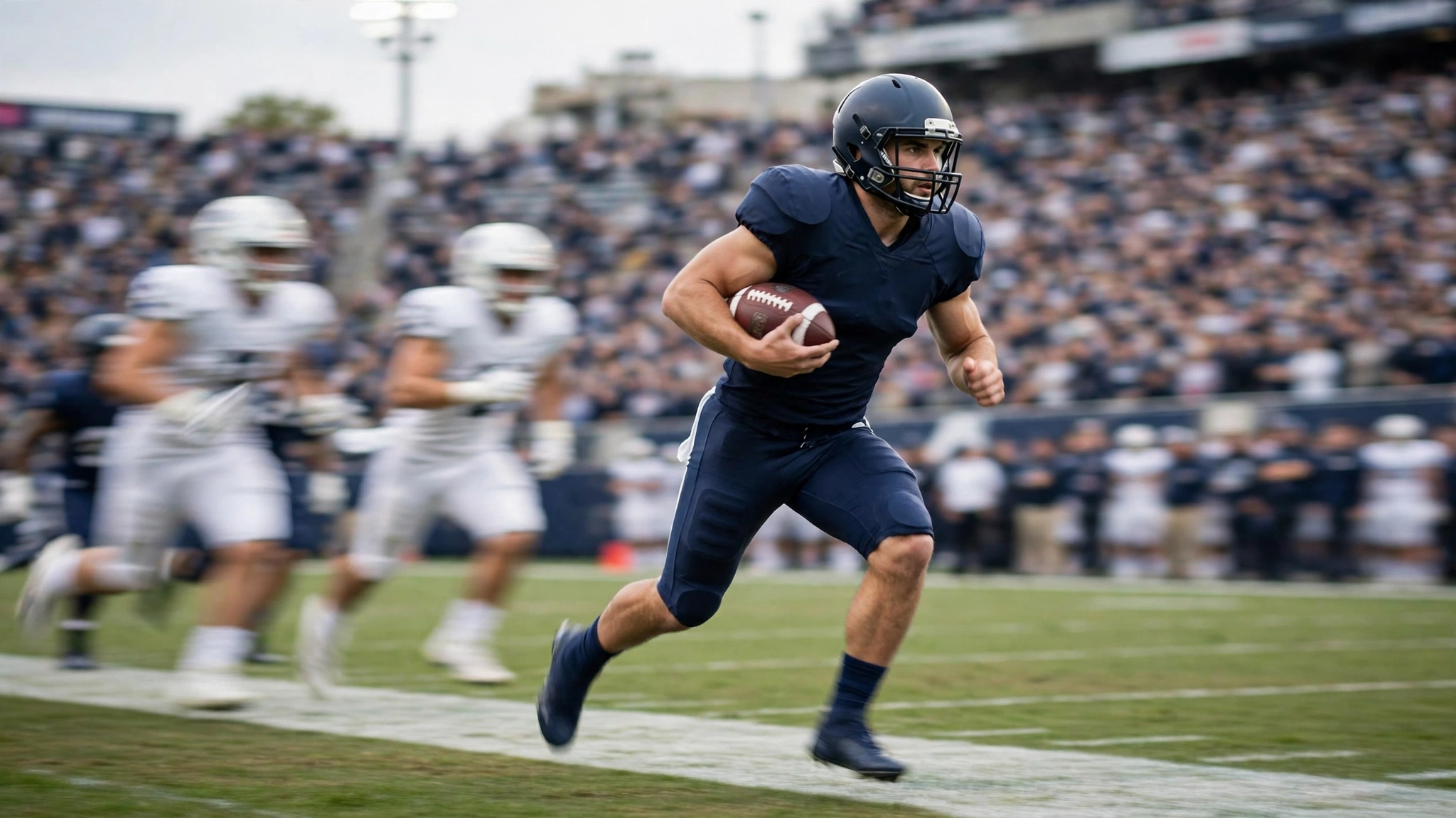 A football player in a dark uniform running with the ball along the sideline past defenders in white uniforms