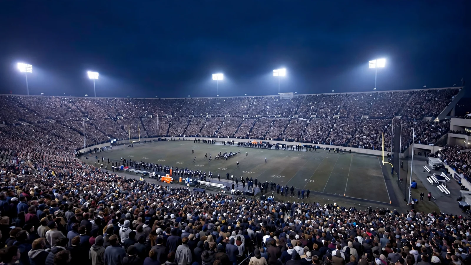 A packed college football stadium under floodlights at night, with players on the field and full stands