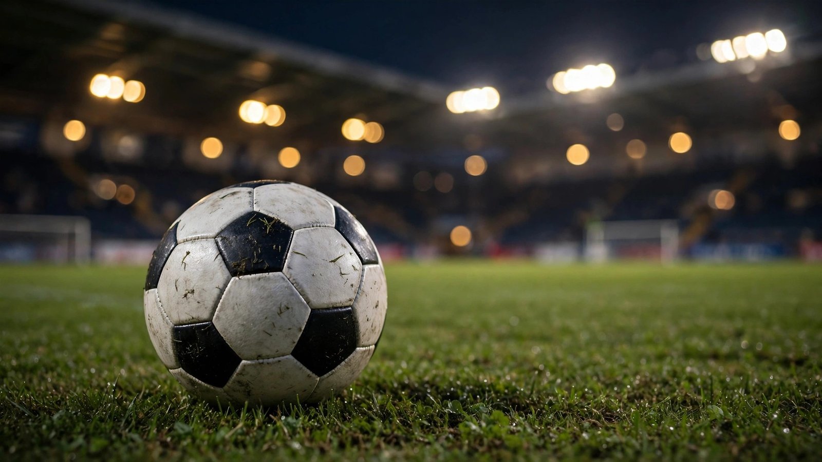 A worn black and white soccer ball on grass in a stadium at night