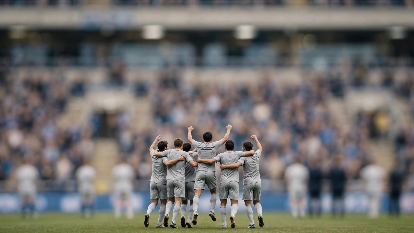 Soccer players in plain gray kits celebrating together on a pitch, seen from behind