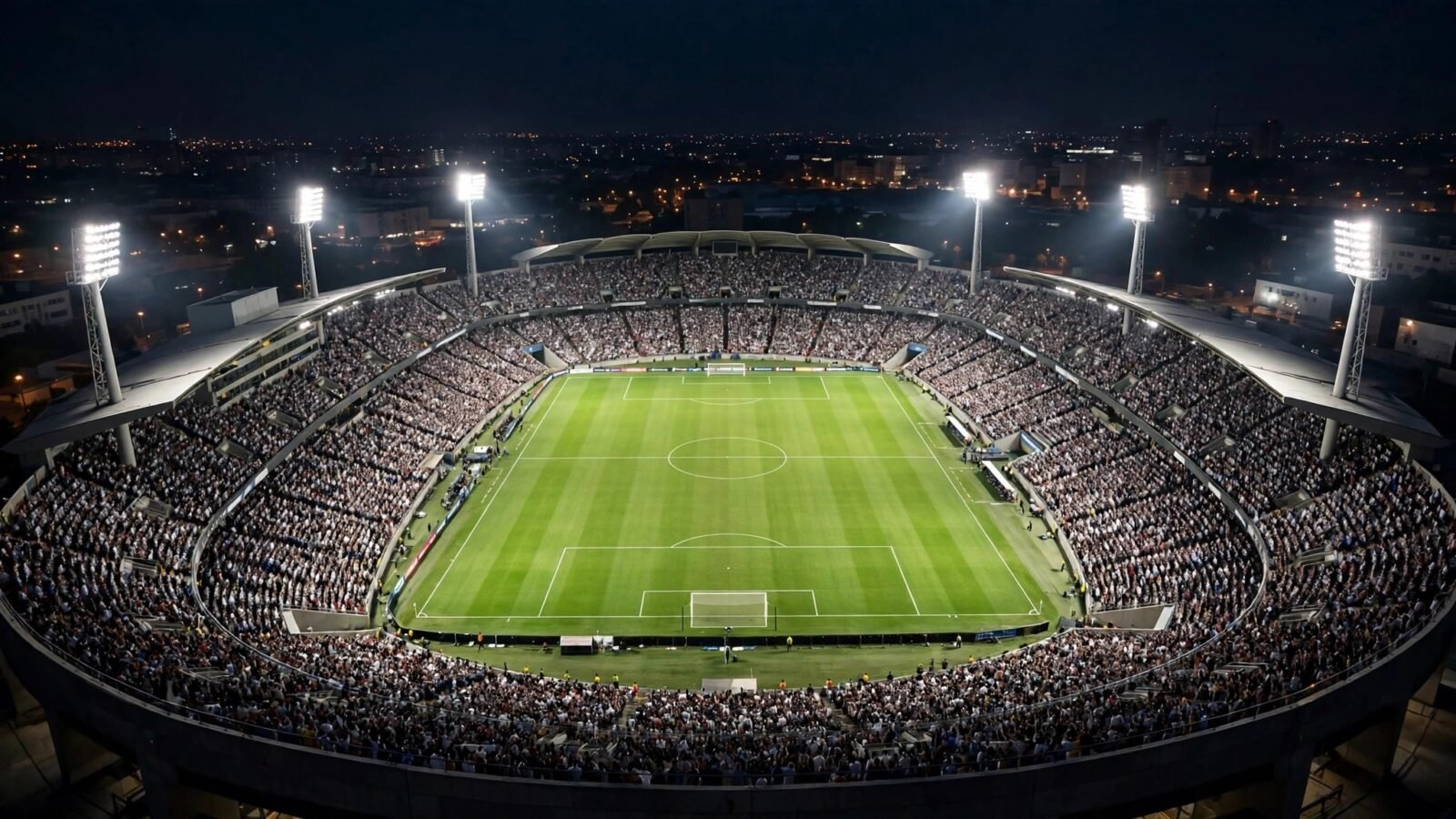 A packed soccer stadium at night under floodlights, with a green pitch