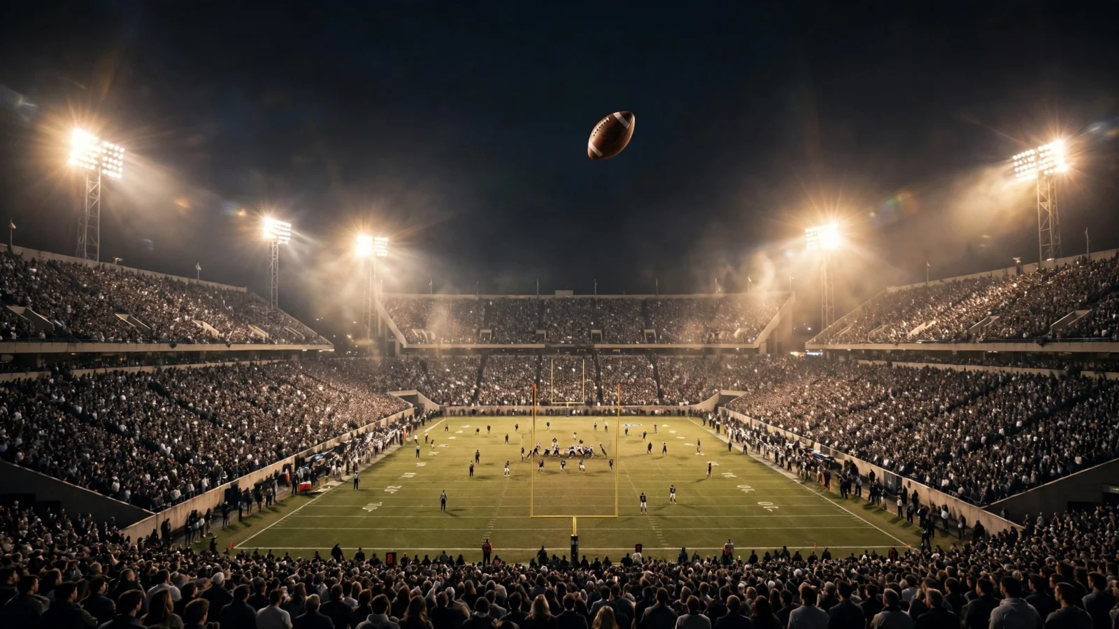 A packed college football stadium at night under bright floodlights with a football in the air above the field