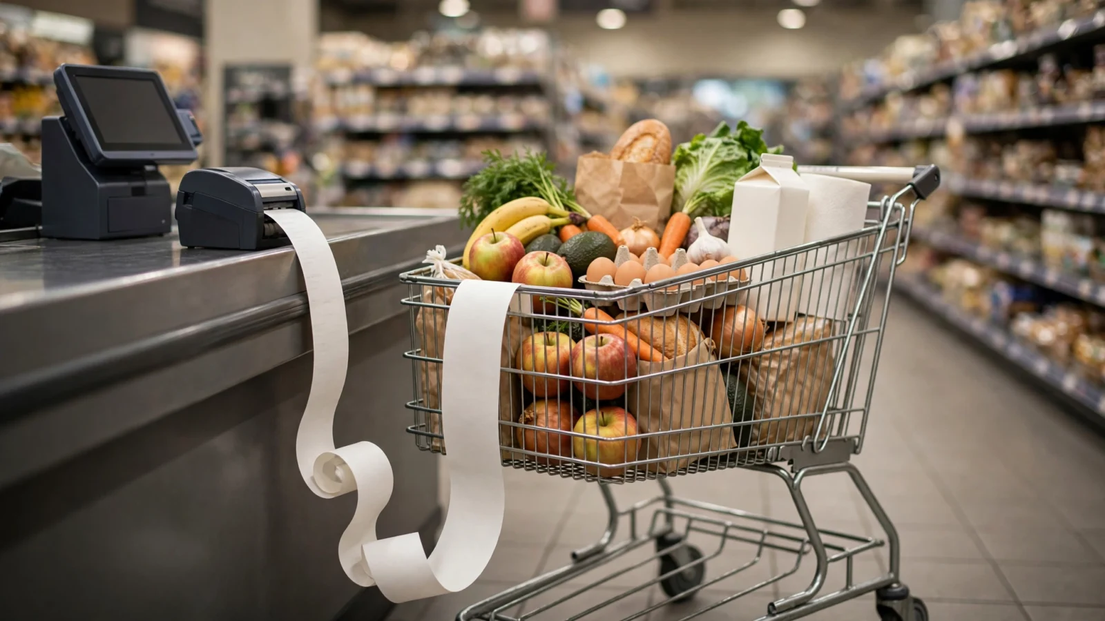 A supermarket shopping cart filled with groceries beside a checkout counter with a long receipt curling down.