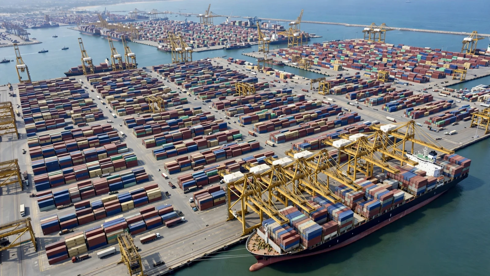 An aerial view of a large container port with rows of stacked shipping containers, yellow cargo cranes and a container ship docked at the terminal.