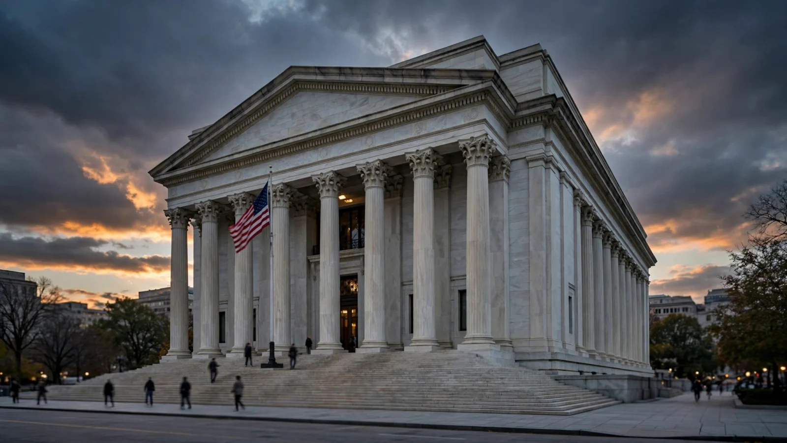 A neoclassical marble government building with tall columns and an American flag at dusk in Washington, D.C., with a few people on the steps.