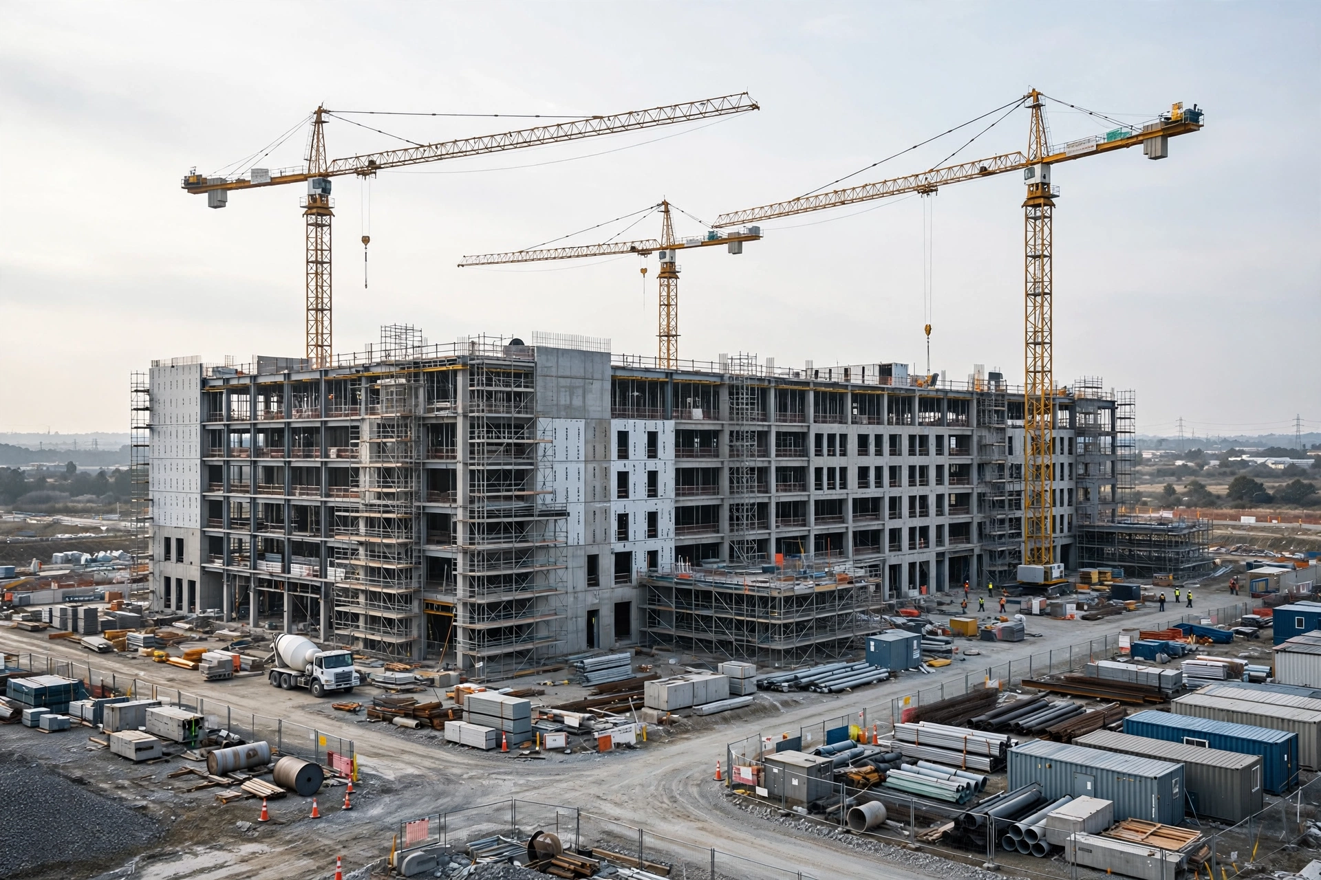 A large building under construction with tower cranes, steel framing and construction materials.