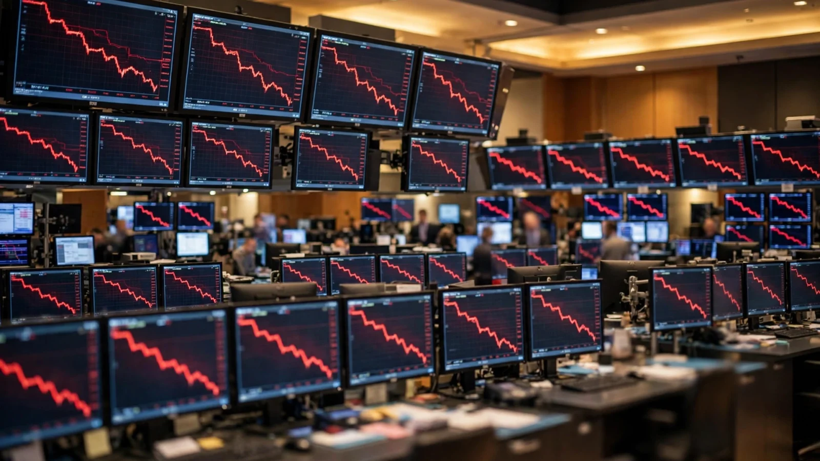 Rows of trading monitors displaying red declining stock charts on a stock exchange trading floor.