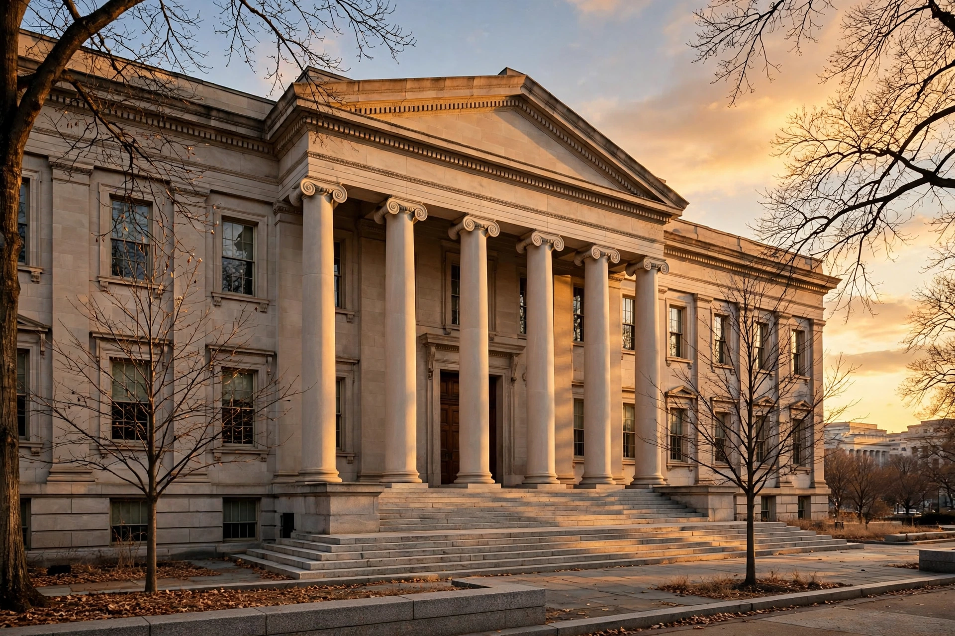 The columned stone facade of a neoclassical government bank building in Washington, D.C., at golden hour.