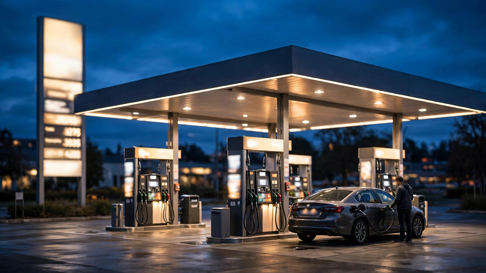 A lit gas station canopy with fuel pumps and a price sign at dusk, a person refueling a car.
