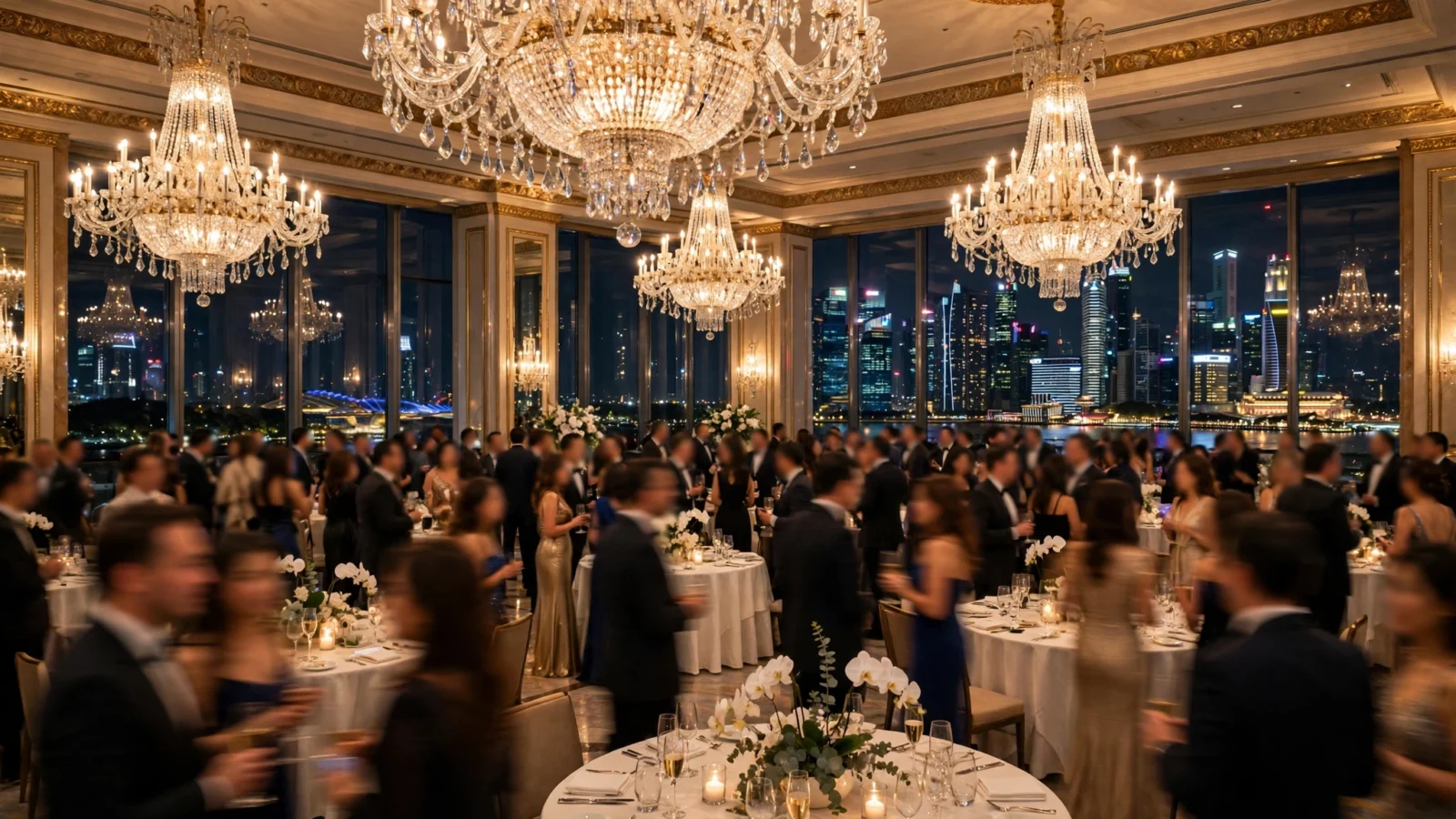 Guests in formal evening wear mingle at round tables under crystal chandeliers in a luxury hotel ballroom overlooking a nighttime city skyline.