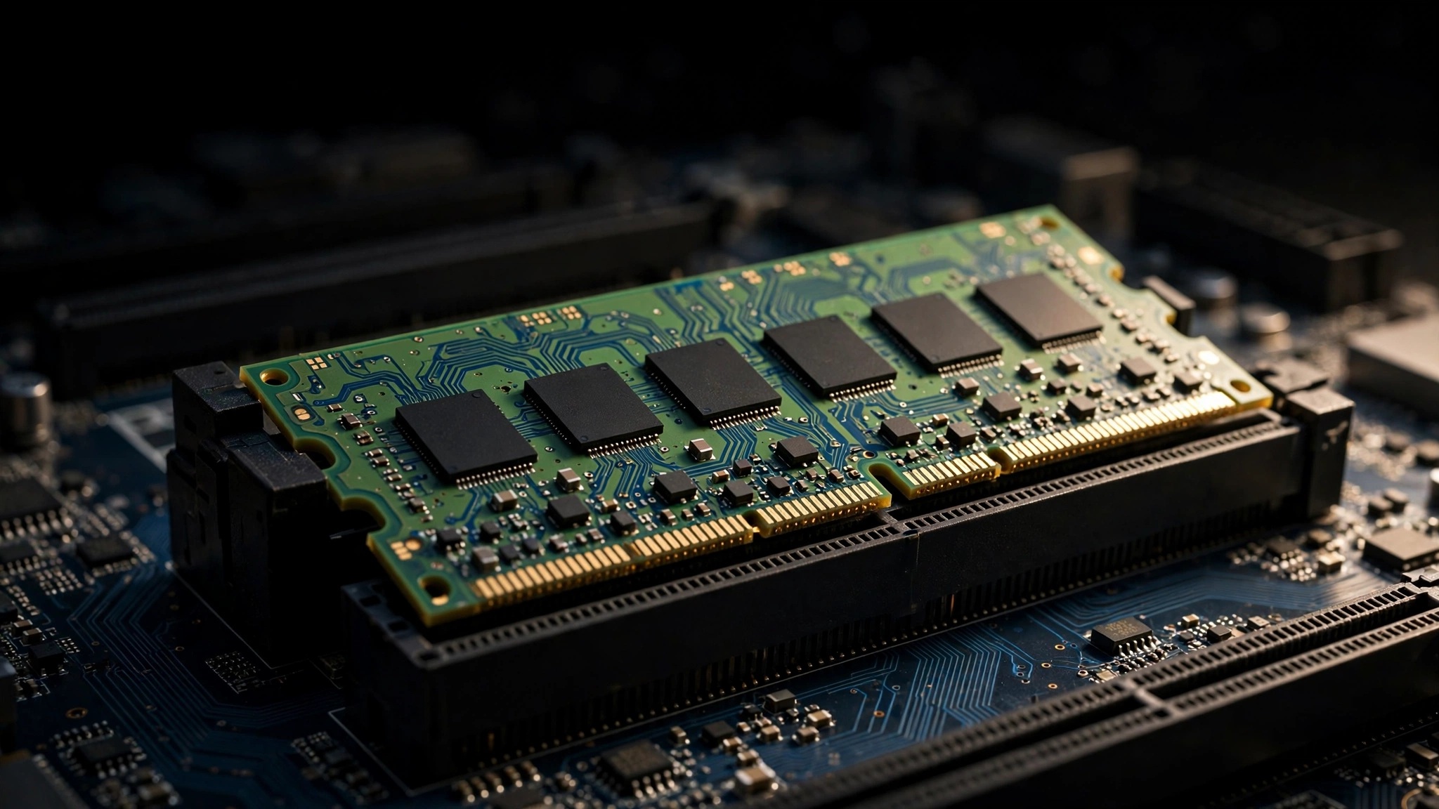 A close-up of a computer memory module plugged into a motherboard.