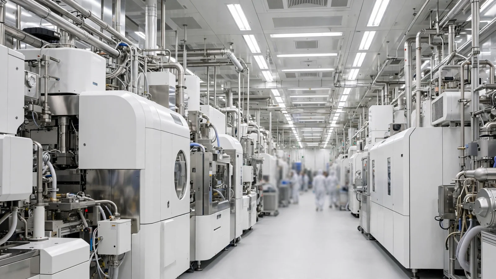 The interior of a semiconductor factory cleanroom with rows of chip fabrication machines.