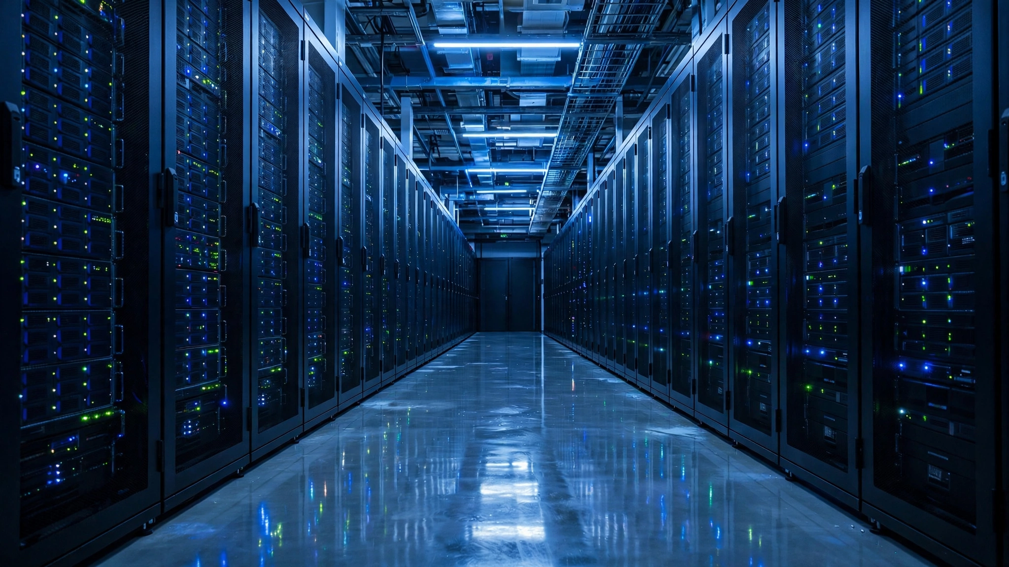 A long corridor of server racks with blue lighting in a data center.