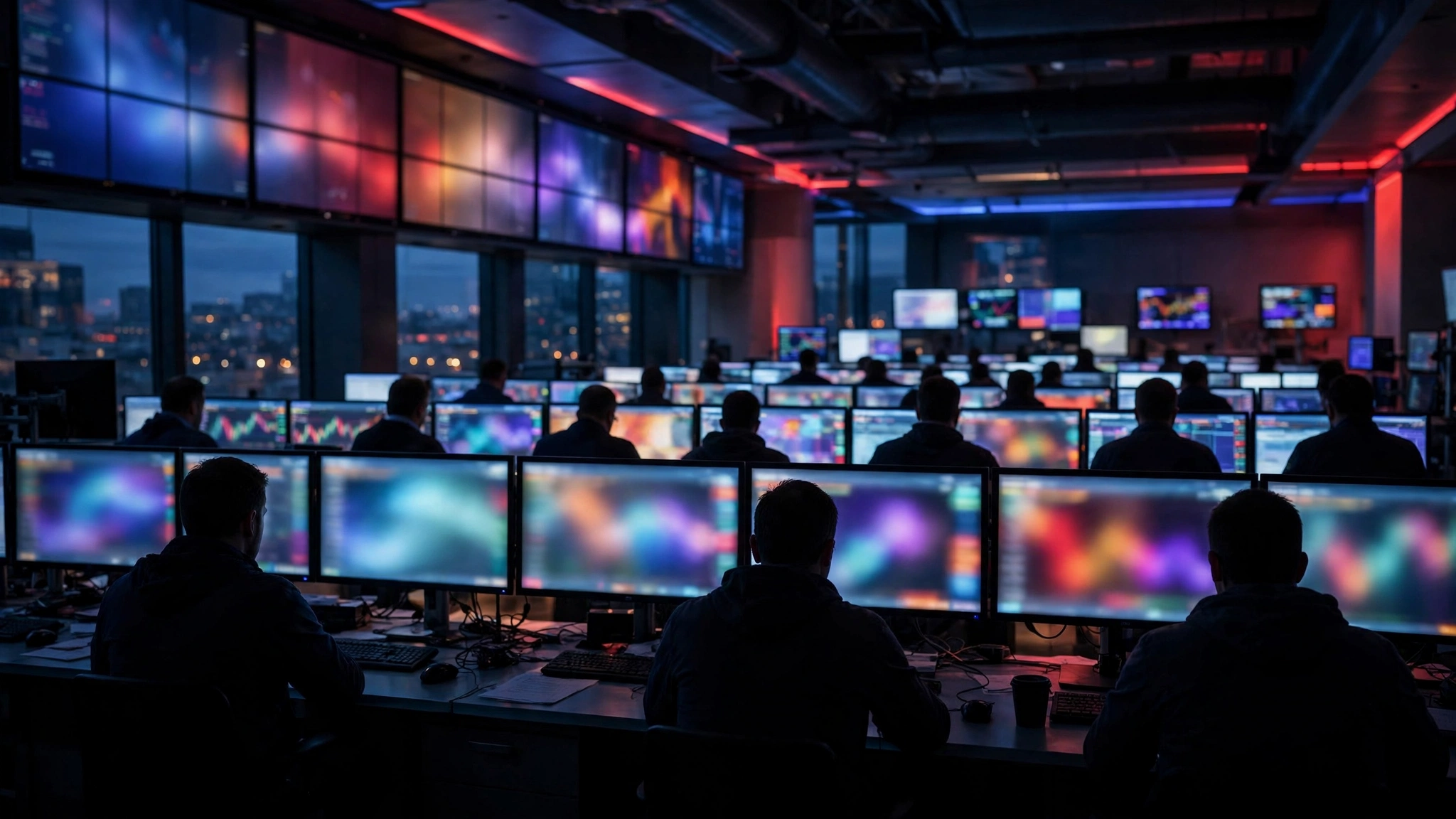 Anonymous traders seated at desks before rows of glowing monitors on a stock exchange trading floor at dusk.