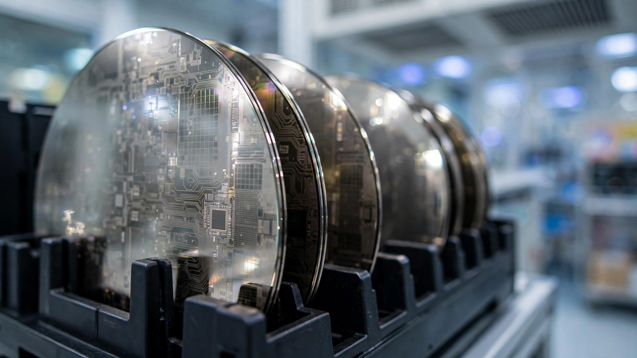 Silicon wafers with visible circuit patterns held in a rack inside a chip factory.
