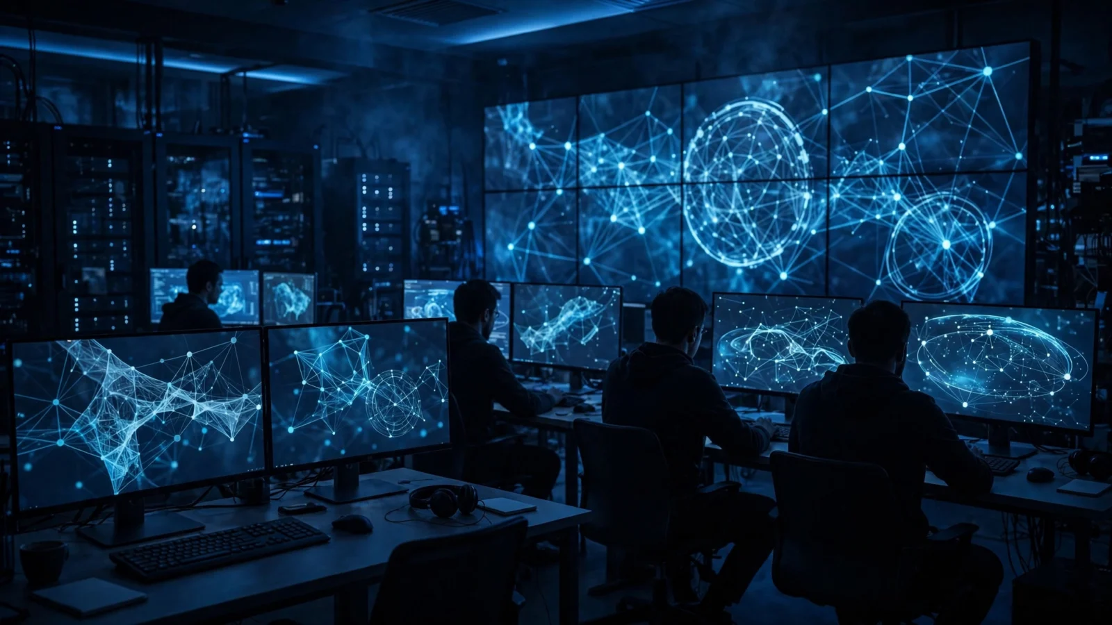Analysts silhouetted at computer monitors showing abstract network maps inside a dark cybersecurity operations center