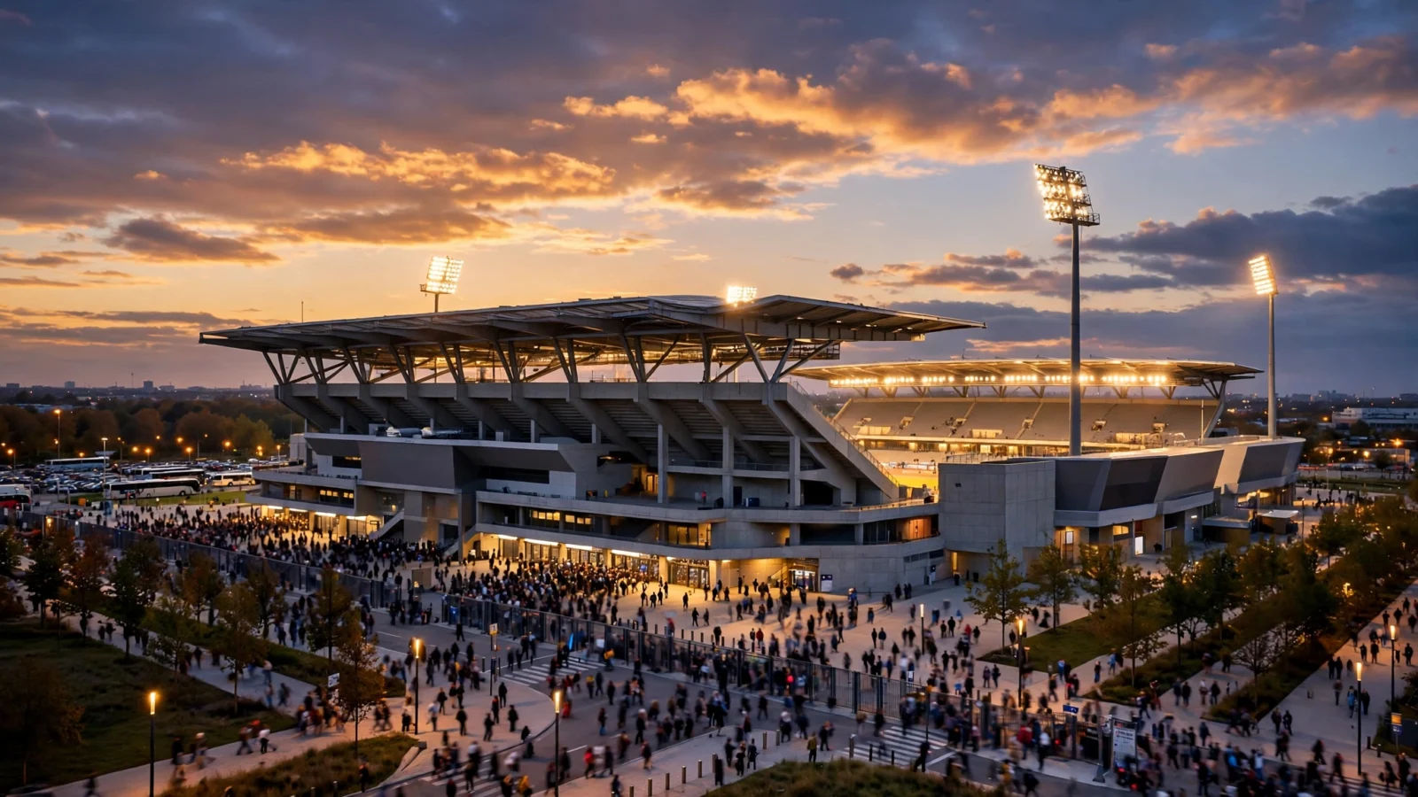 A large modern stadium with floodlights on and crowds of spectators entering at sunset
