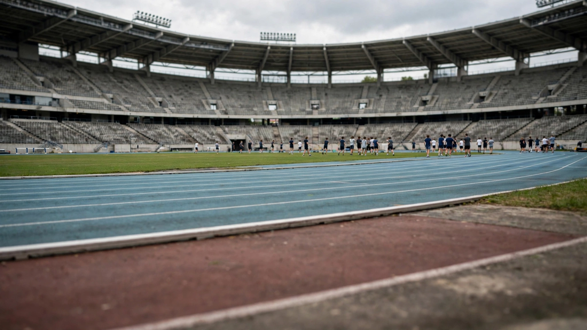 Young athletes training on a running track inside a large stadium with empty stands
