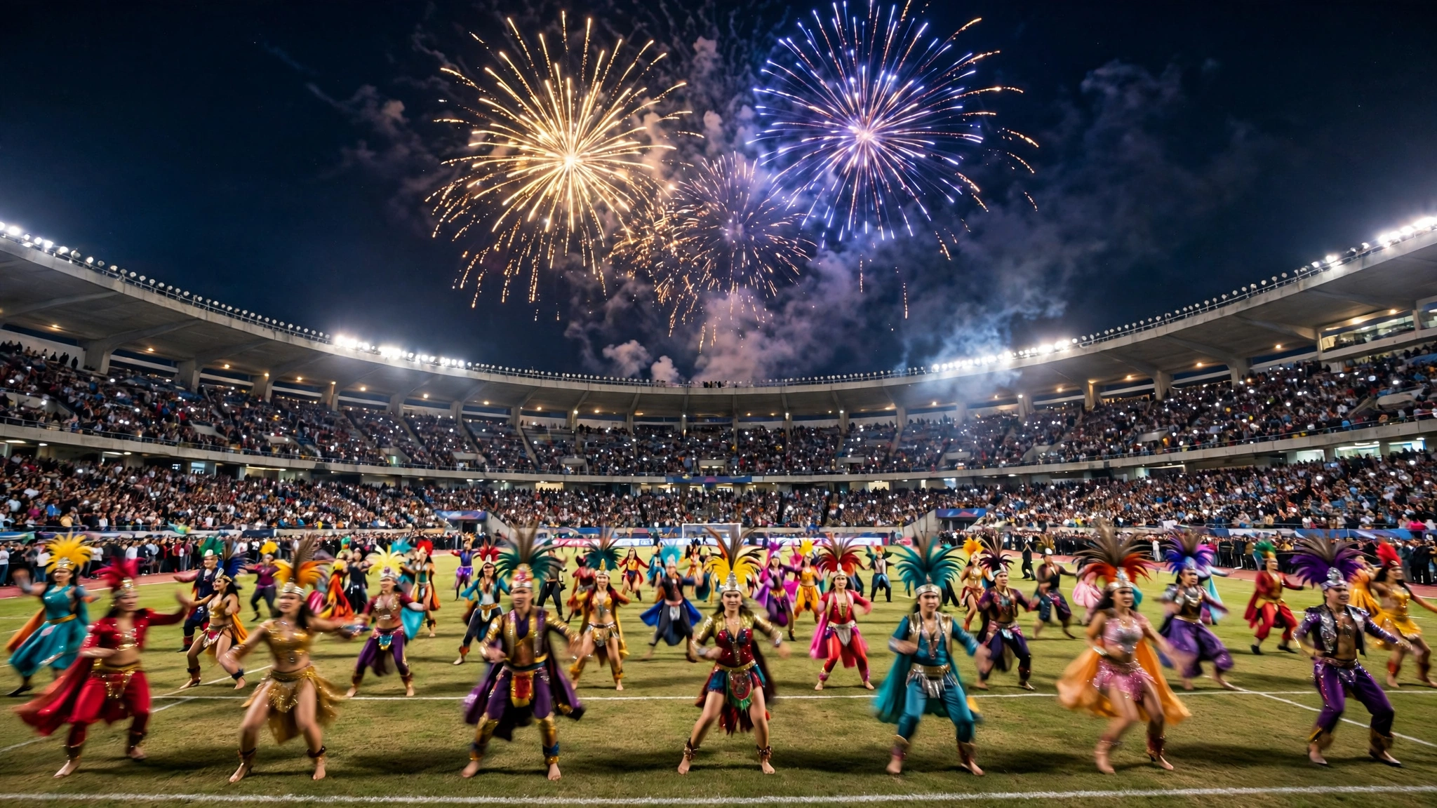 Dancers in colorful costumes performing on a stadium field at night under fireworks