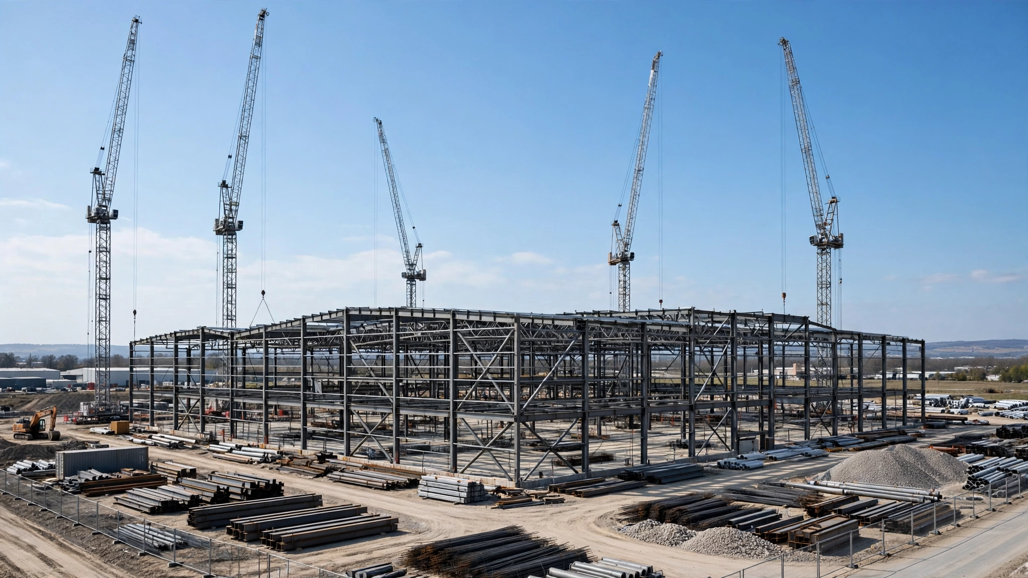 Tower cranes and the steel frame of a large industrial building under construction on a work site.