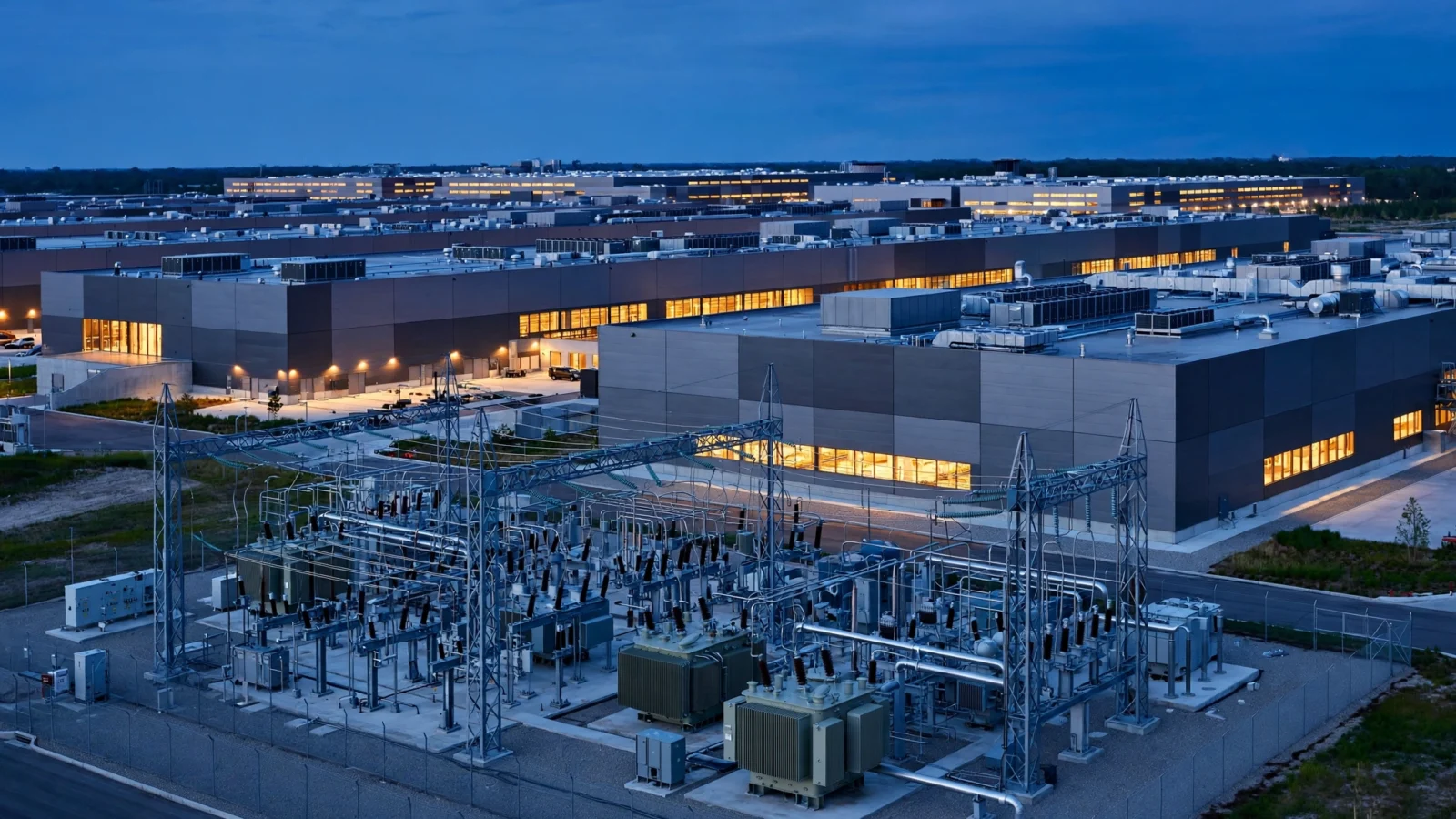 Large data center campus at dusk with rows of low industrial buildings and an electrical substation in the foreground.