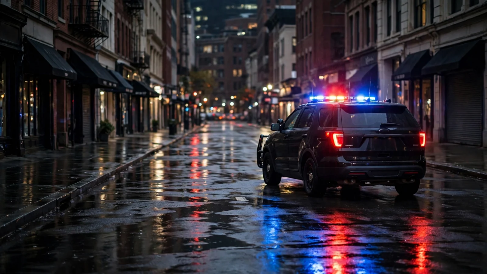 A police SUV with flashing red and blue lights parked on a wet city street at night.