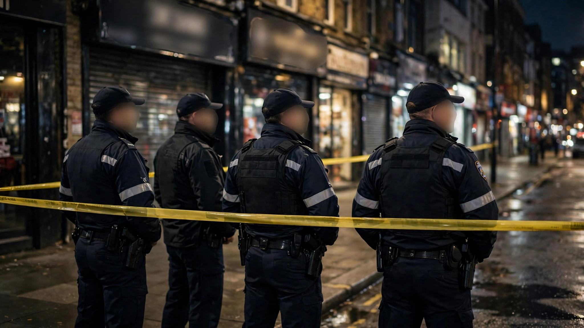 Police officers standing behind yellow caution tape on a city sidewalk at night.