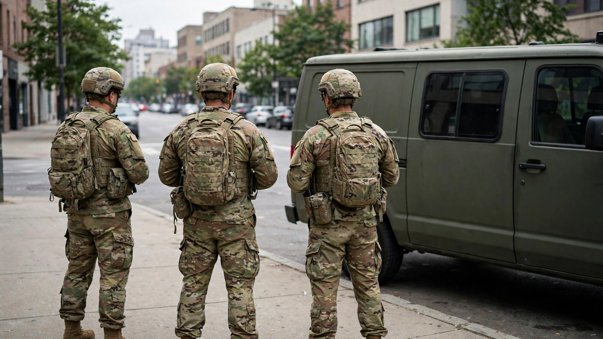 National Guard soldiers in camouflage uniforms standing next to a military van on a city street.