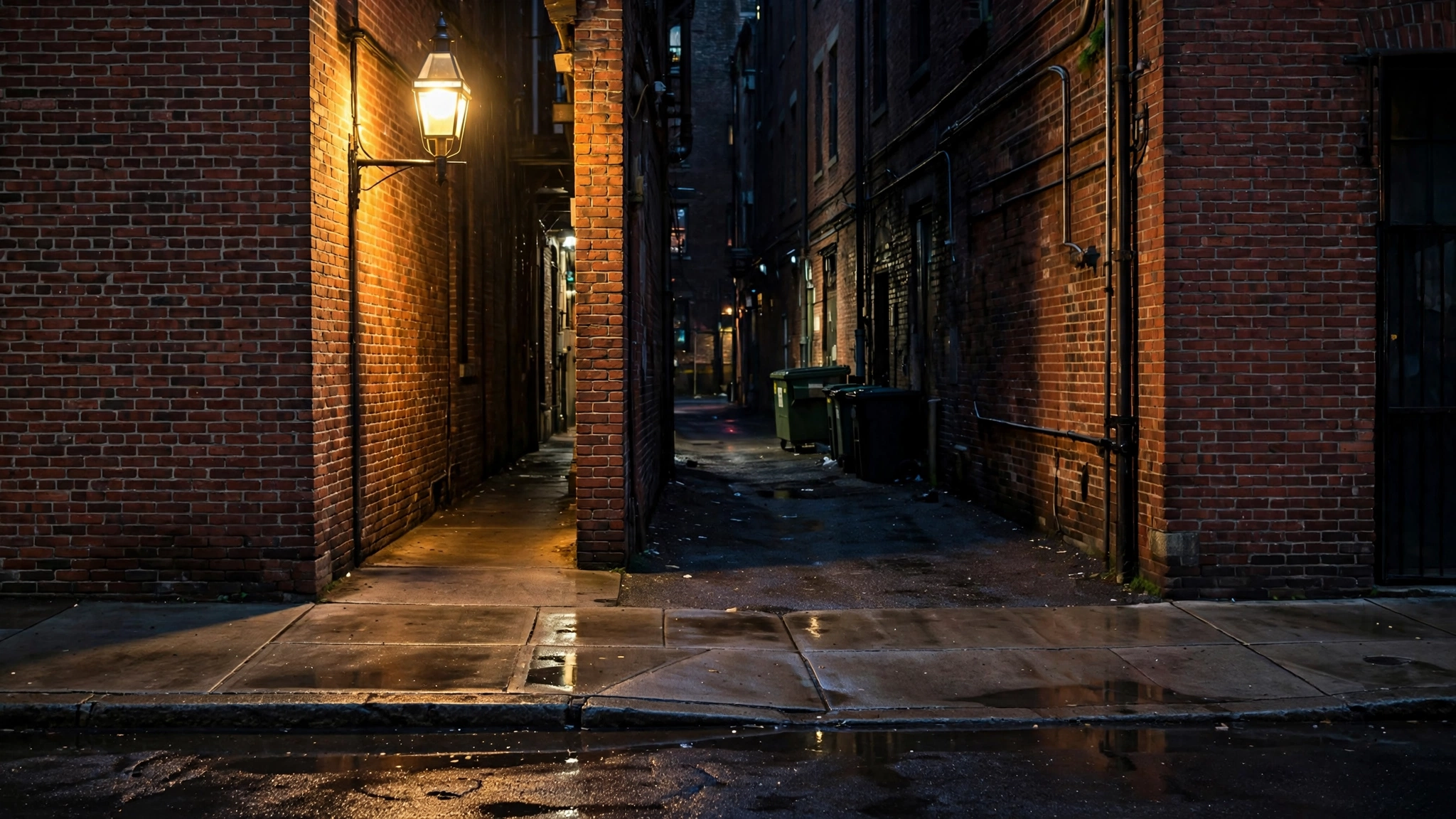 A brick alley at night lit by a wall-mounted lamp.