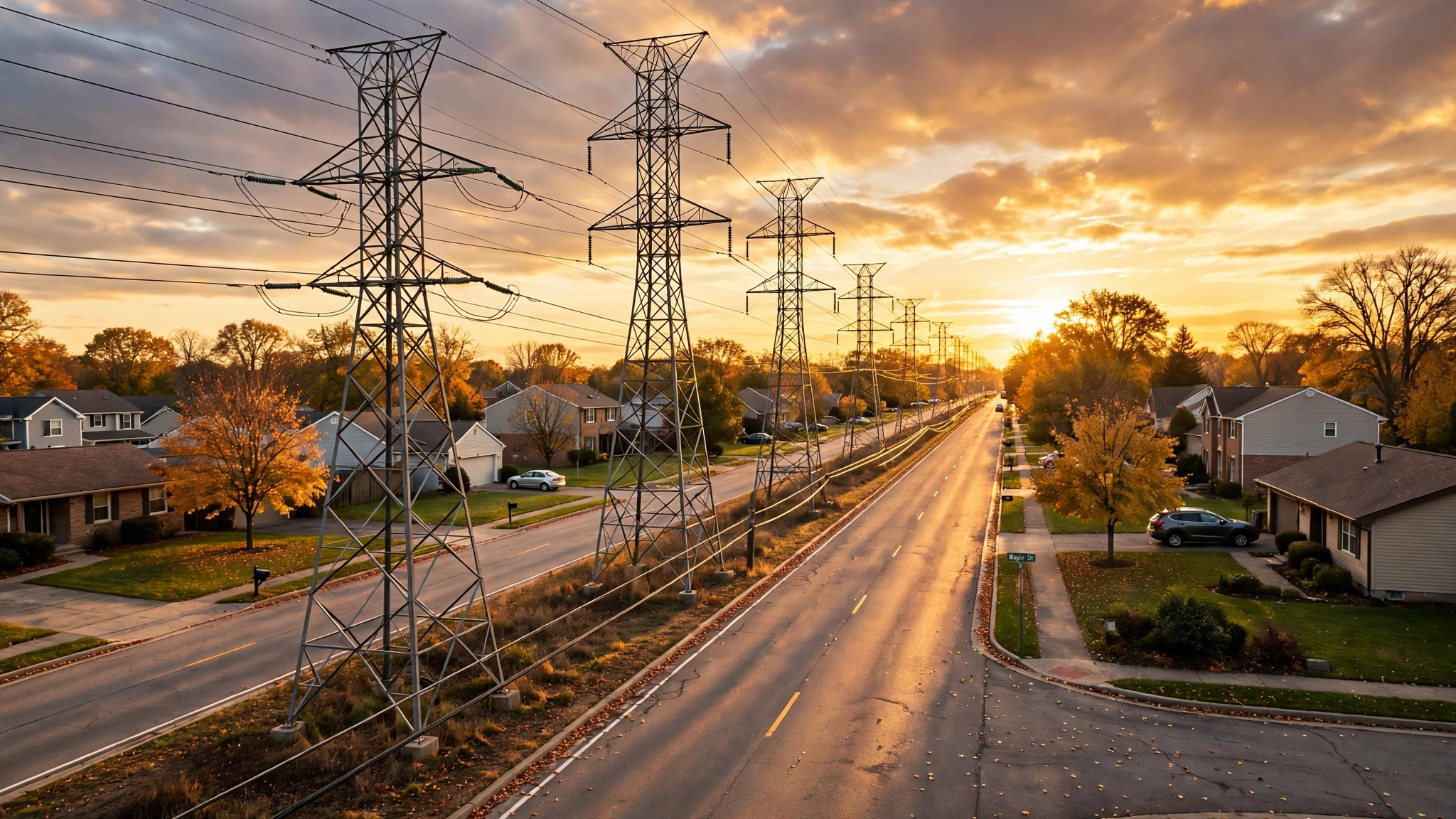 High-voltage transmission lines running along a suburban residential street at sunset.