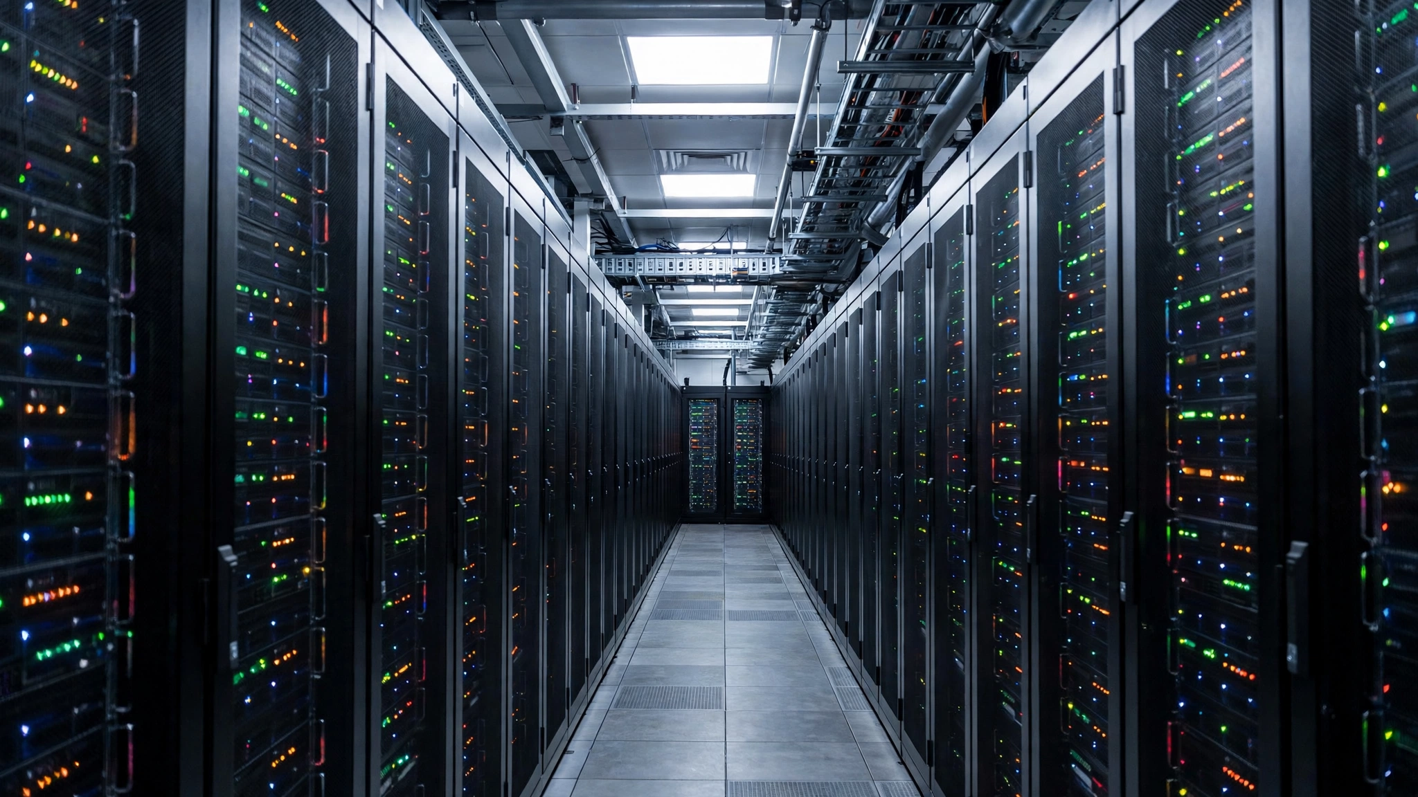 Corridor inside a data center lined with tall black server cabinets lit by small colored indicator lights.