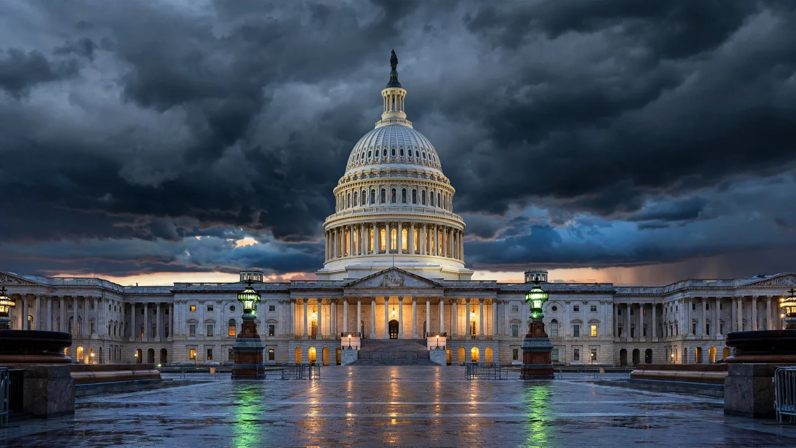 The U.S. Capitol building in Washington at dusk under dark storm clouds, with wet pavement reflecting the building lights