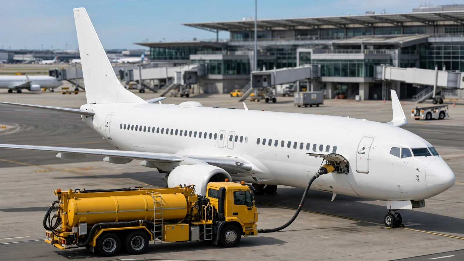 A white unbranded commercial passenger jet connected to a yellow fuel truck on an airport tarmac in front of a terminal building.