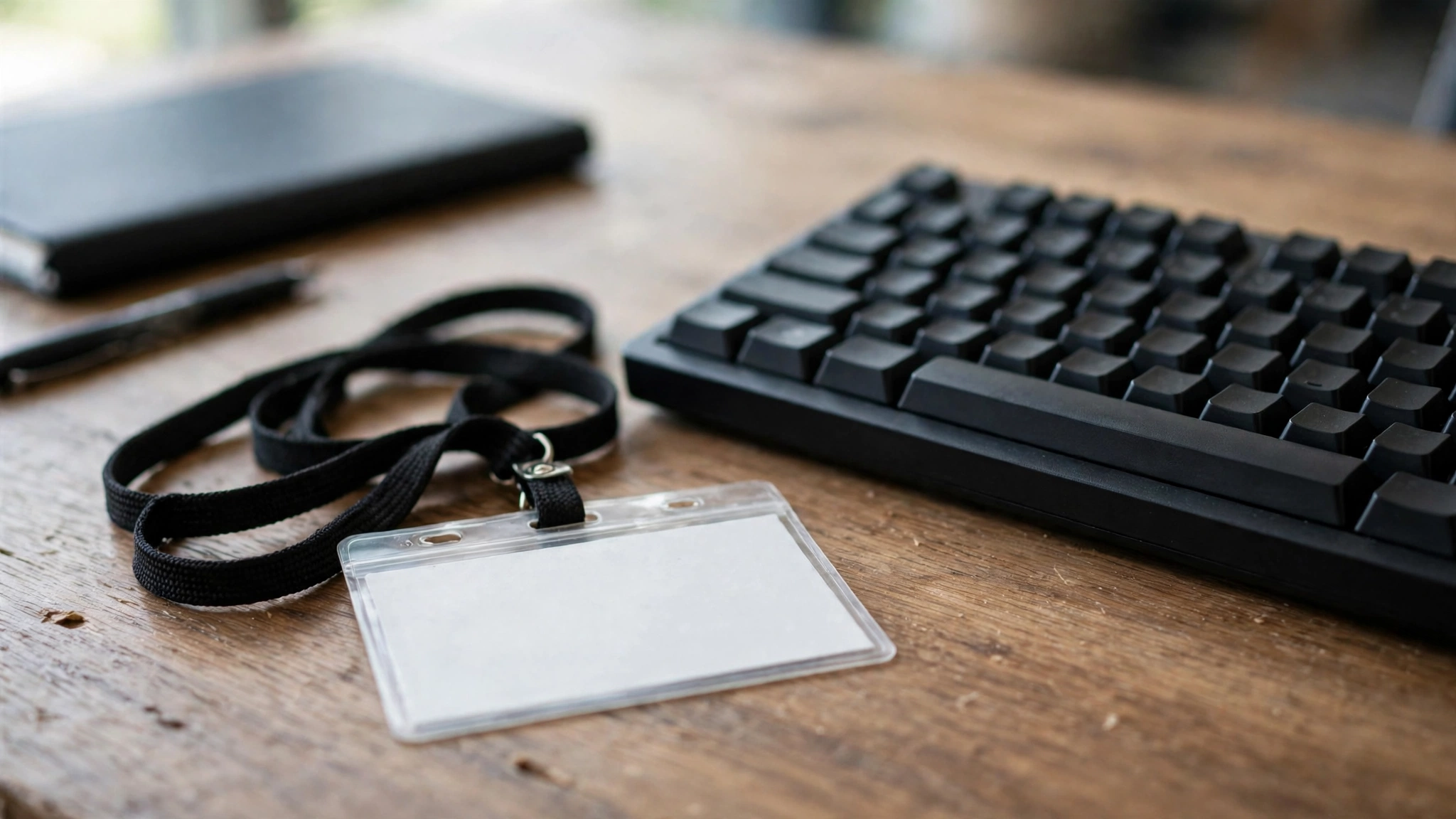 A blank identification badge on a lanyard lying on a wooden desk beside a keyboard