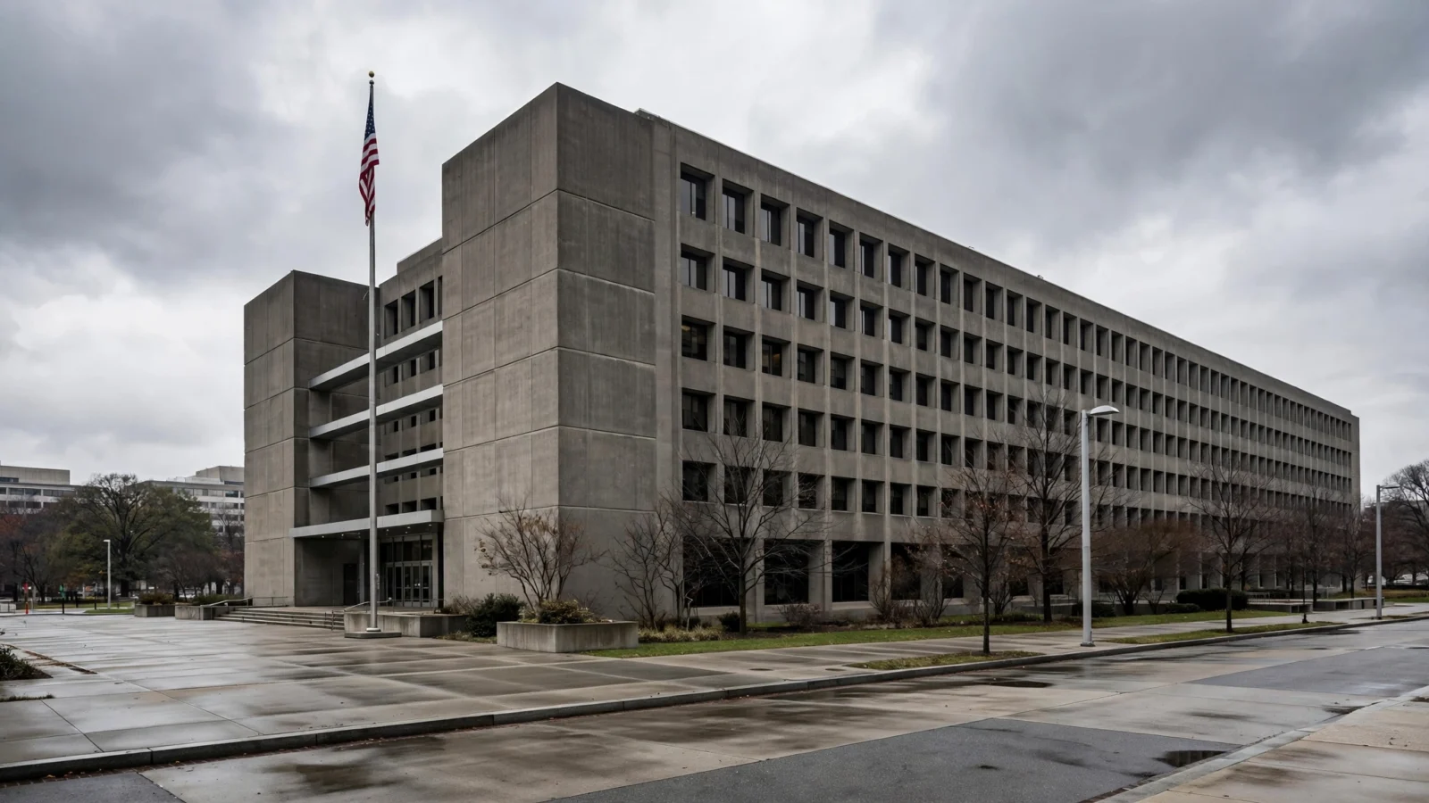 A large concrete federal office building with an American flag on a pole outside on an overcast day