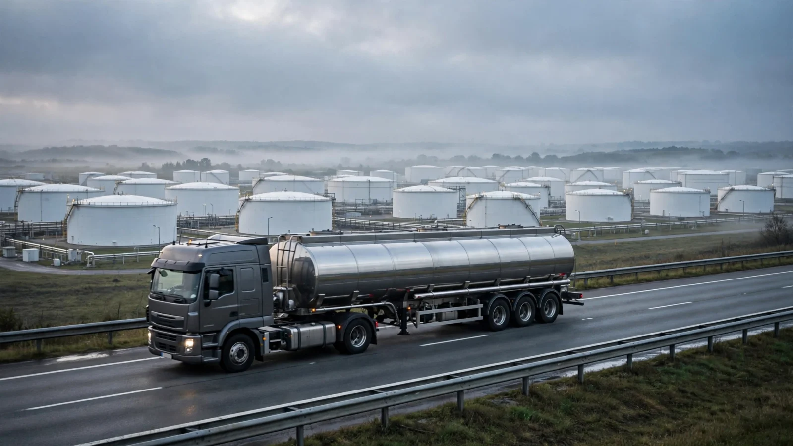 A stainless steel fuel tanker truck on a highway near white petroleum storage tanks under an overcast sky.