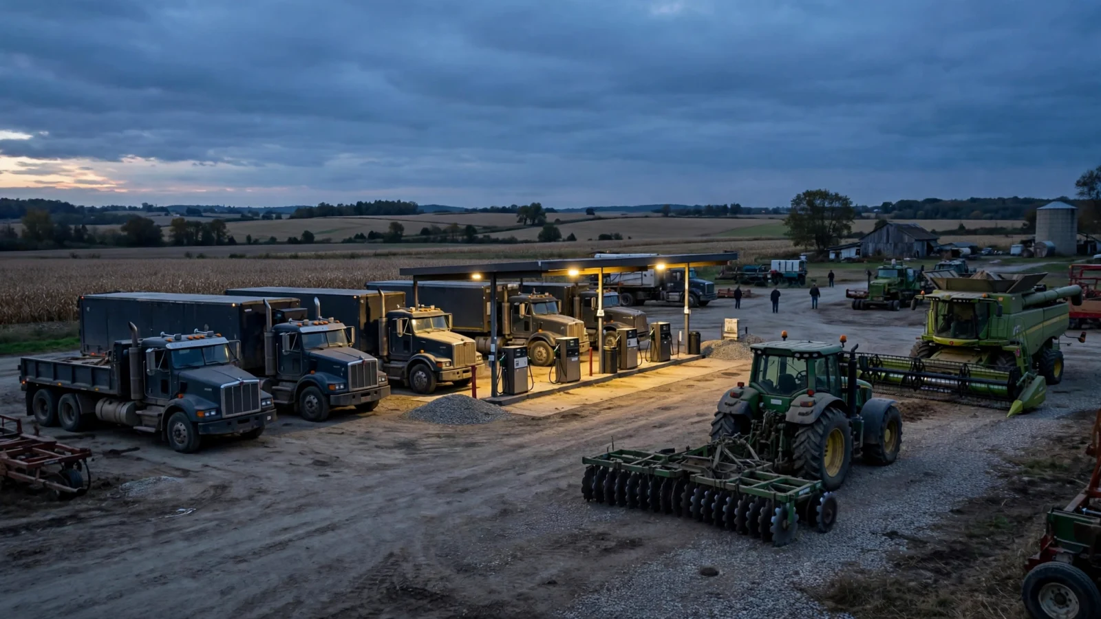 Semi trucks and farm machinery at a rural diesel fuel stop at dusk, with fields in the background