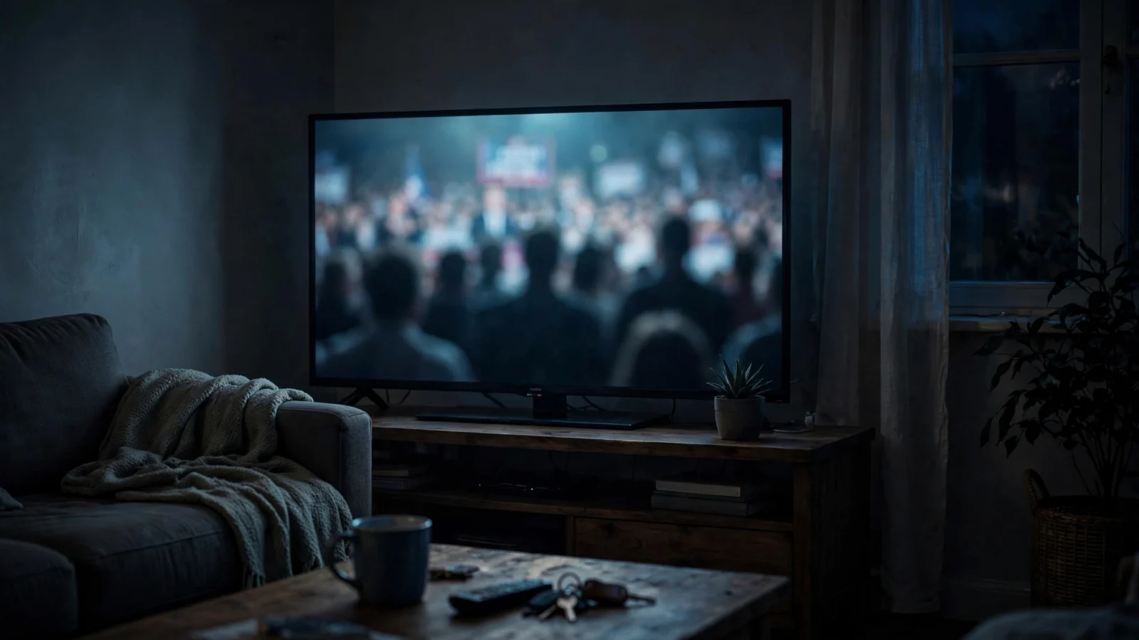 A television in a dim living room showing a blurred crowd at a political rally broadcast, with a couch and coffee table in the foreground
