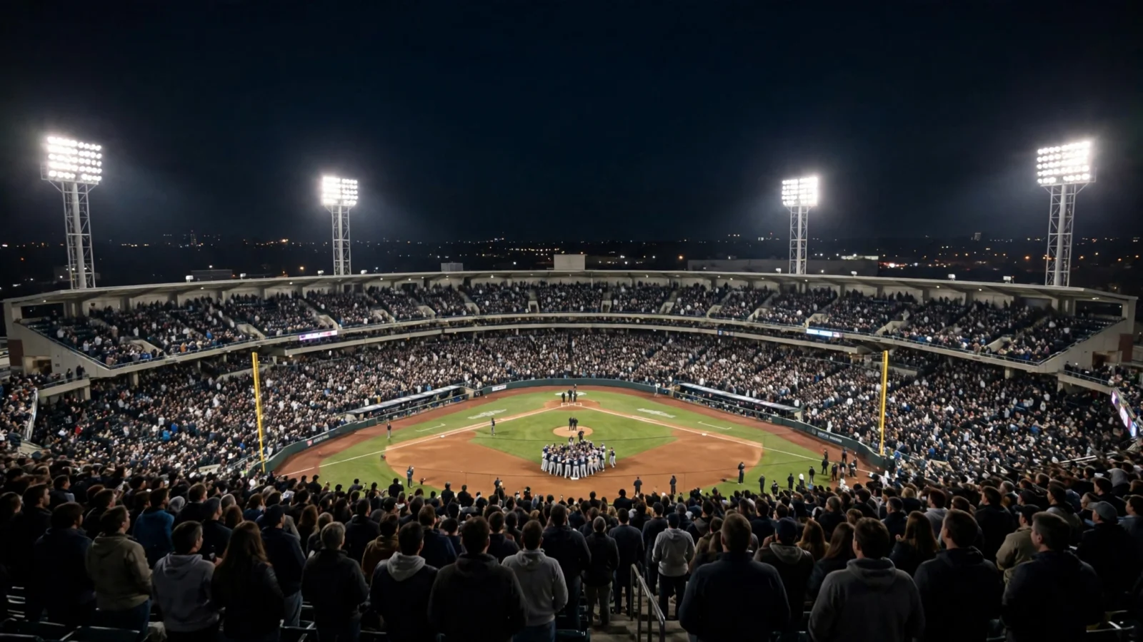 Wide night view of a crowded baseball stadium under bright floodlights with players gathered on the field