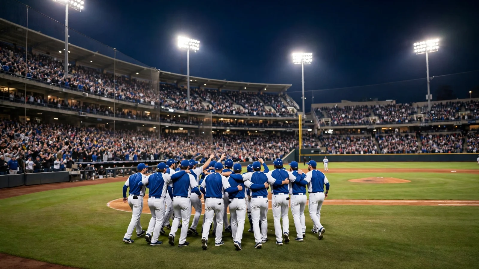 Baseball players in blue and white uniforms celebrating on the field at a crowded stadium at night under bright floodlights