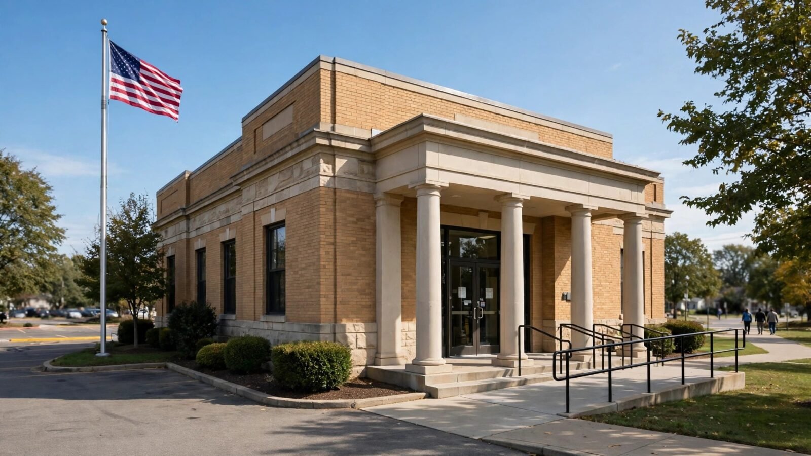 A brick public building with columns and an American flag on a pole outside