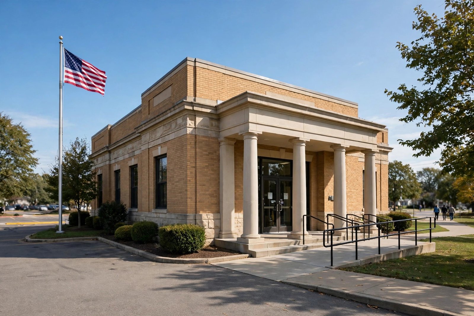 A brick public building with columns and an American flag on a pole outside