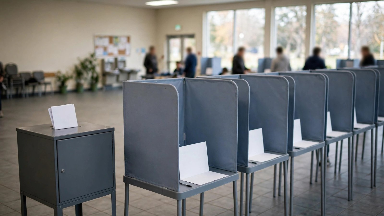 Voting booths and a ballot box inside a bright community hall with blurred people in the background